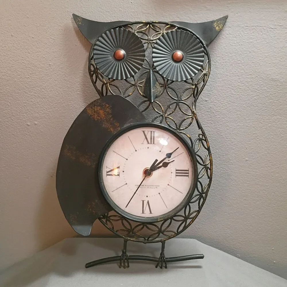 Owl Wall Clock Metal Black with Gold Accents Tested & Working Retro Boho Chic